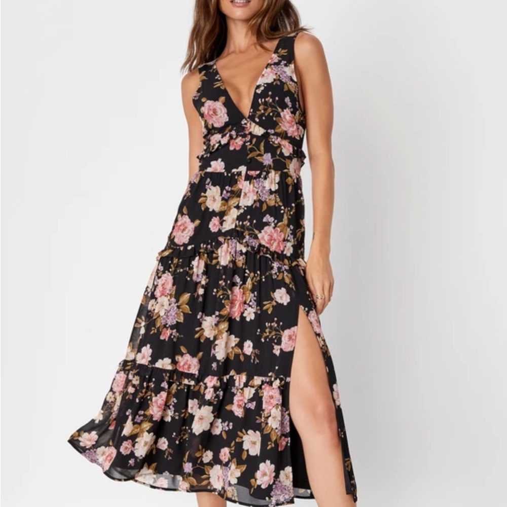 Lulus Black Floral Ruffled Backless Midi Dress size medium